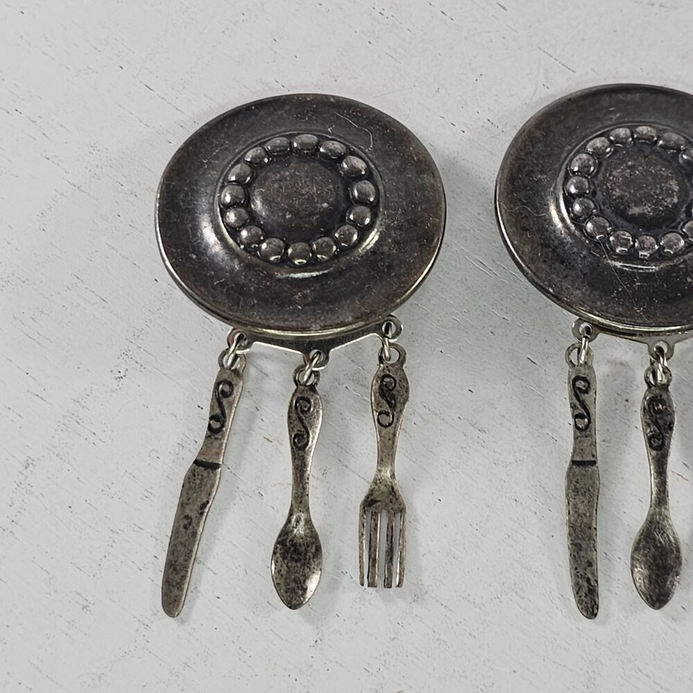 Vintage Clip On Earrings With Dangling Utensils Fork Spoo Knife Charms - Picture 3 of 8